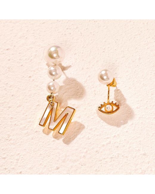 Aurozia Brown The Alphabet Eye Letter Mother Of Pearl Shell Pendant Asymmetric Diamond Pearl Earrings