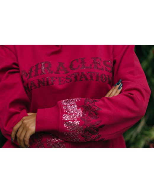 Miracles Manifester Red Positive Affirmation Hoodie With Rhinestone Design