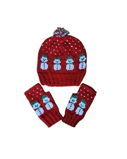 Springmoonatelier Red Handmade New Year Wool Hat And Glove Set