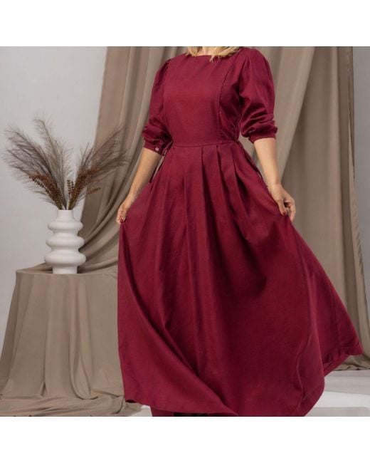 Nikka Place Red Long Linen Formal Dress With Bracelet Sleeves