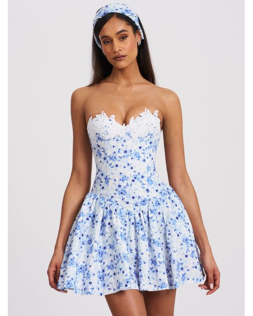 Miss Circle New York Blue Taleah Floral Print Linen Mini Dress With Lace Trim