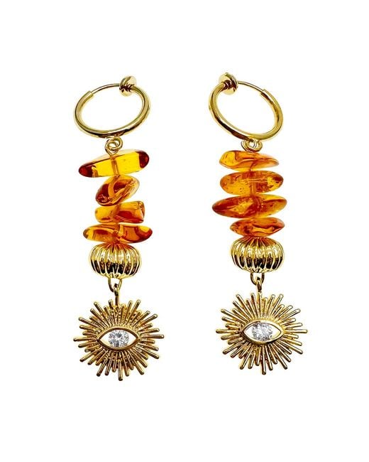 Farra Metallic Natural Amber With Evil Eye Dangle Clip-On Earrings