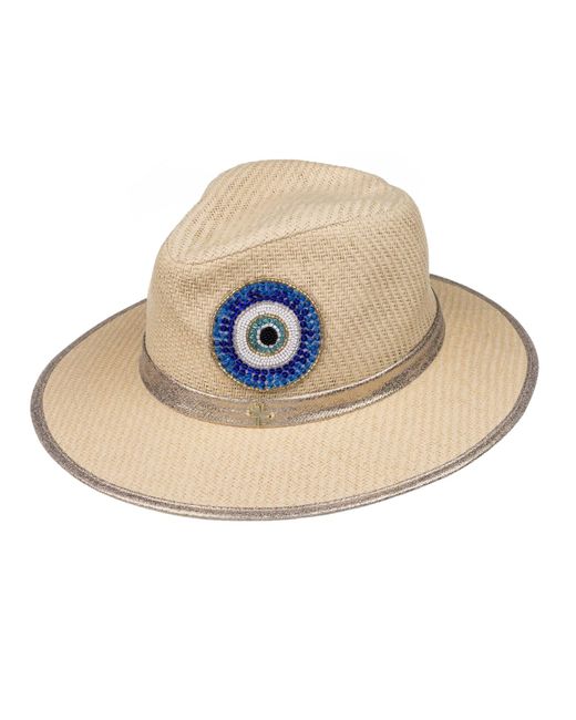 Laines London Blue Neutrals Straw Woven Hat With Couture Embellished Evil Eye Design