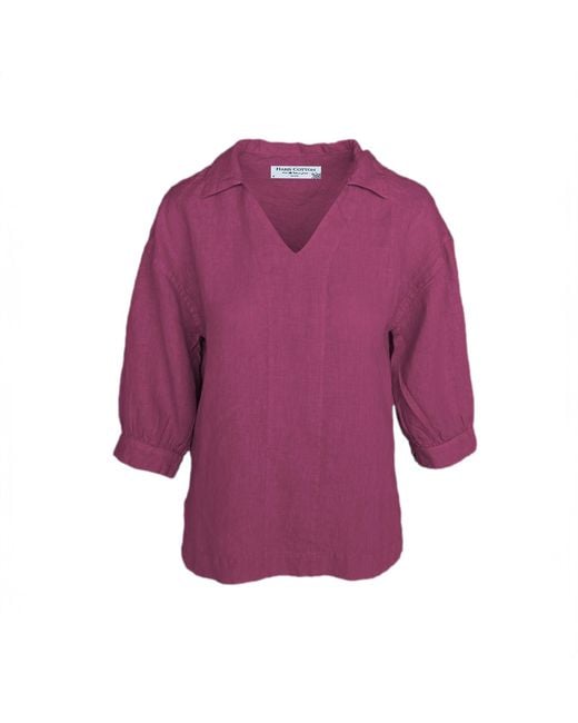 Haris Cotton Purple Linen V-Neck Blouse With Collar And Three Quarters Sleeves Tulip