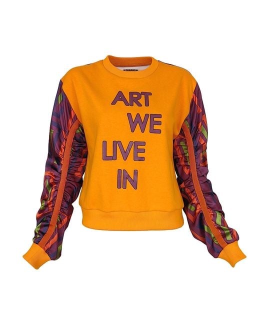 Lalipop Design Orange Color Block Sweatshirt With Satin Puff Sleeves