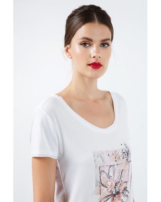 Conquista White Neutrals Short Sleeve Top With Multicoloured Print Detail