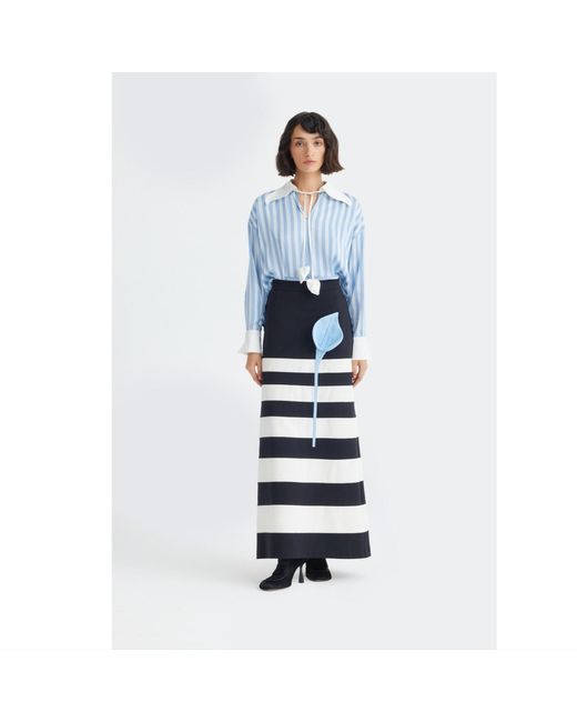 Julia Allert Black Contemporary Striped A-Line Skirt, Floral Detail–