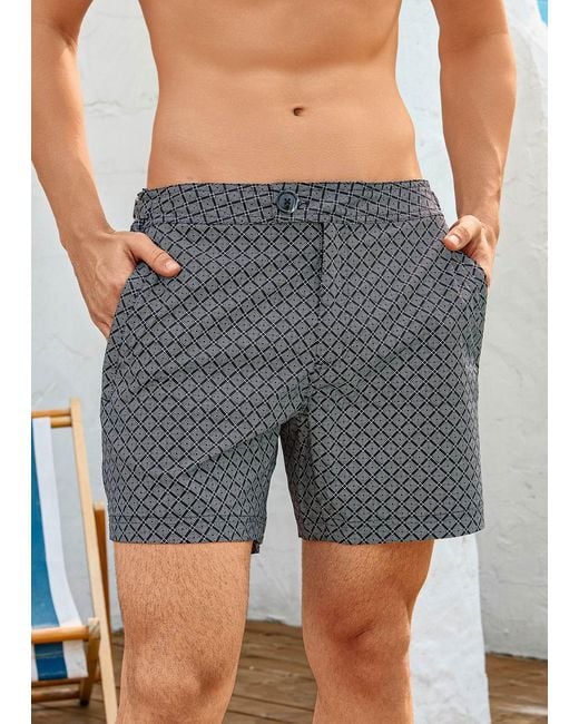 Vayla Gray Long Length Dark Geometric Print Swim Shorts for men
