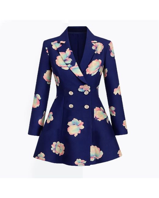 Richa Sharma Blue Luxury Handmade Floral Blazer Dress