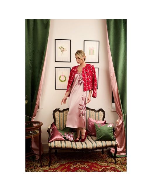 Georgette Pink Blush Satin Slip Midi Dress With Floral Appliqué