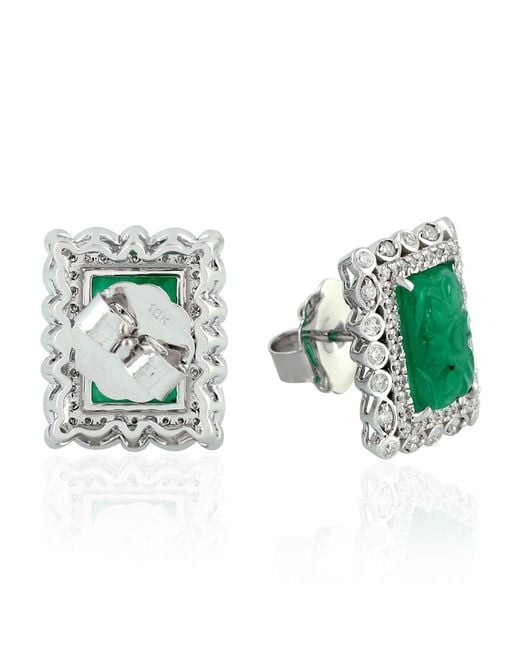 Artisan Green Flower Carving Emerald Stud Earrings 18k White Gold Diamond Handmade
