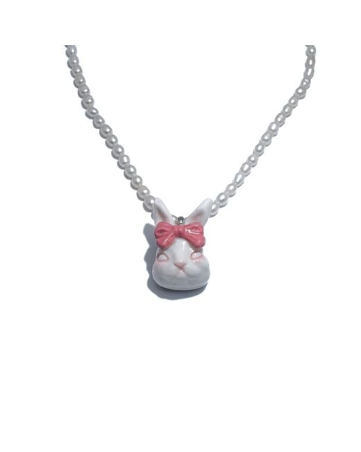H2 Studio Metallic Grumpy Bunny Coral Bow Tie Freshwater Pearl Necklace
