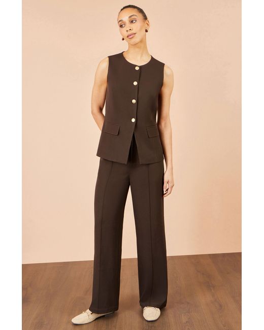 Yumi' Brown Long Line Button Waistcoat Top