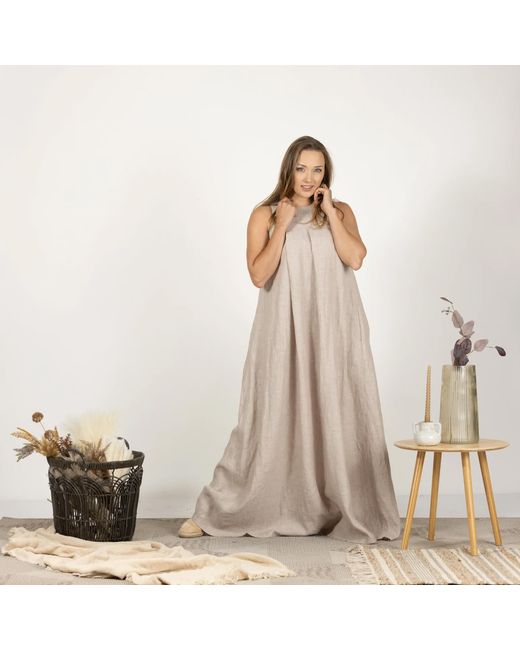 Nikka Place Natural Neutrals Sleeveless Maxi Linen Maternity Dress With Pockets