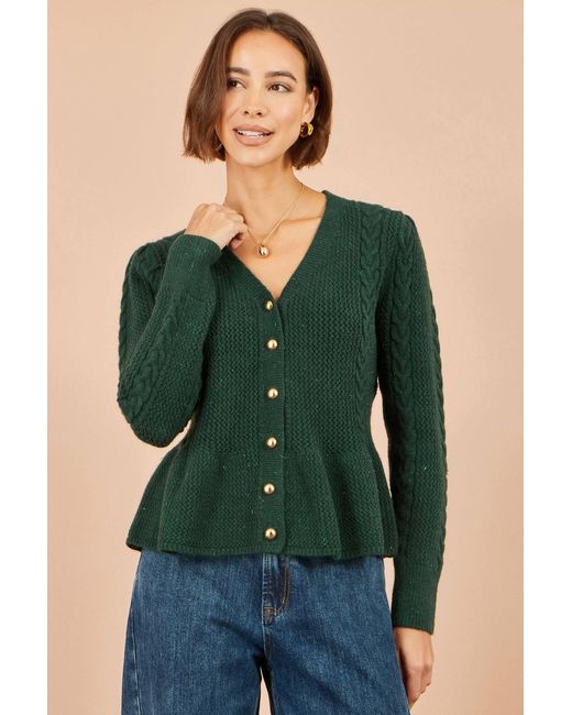 Yumi' Green Cable Knit Peplum Cardigan