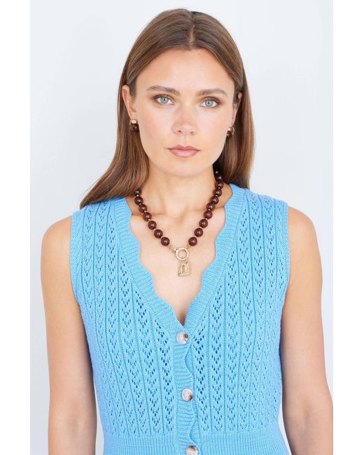 Yumi' Blue Scallop Edge Crochet Knitted Midi Dress