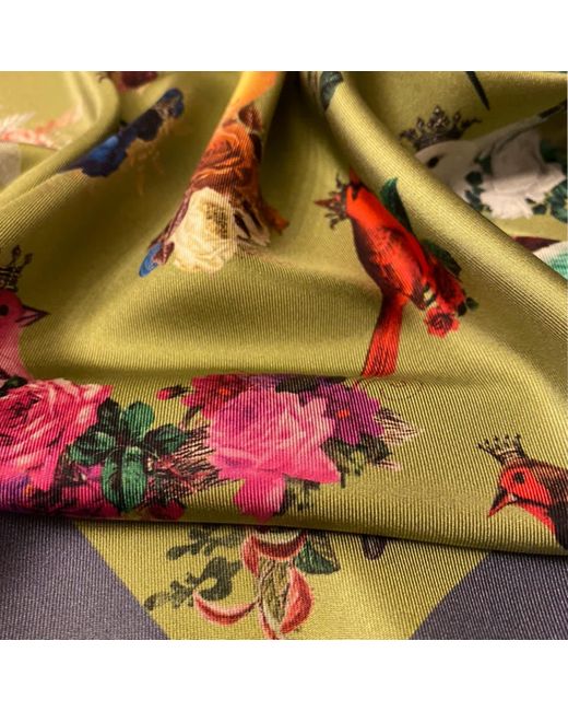 Ralufineart Yellow Silk Twill Pocket Square With Exotic Birds for men