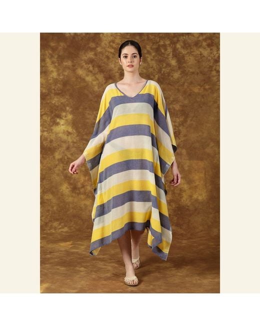 Heritagemoda Yellow Handwoven Amalfi Sheer Cotton Kaftan With & Stripes