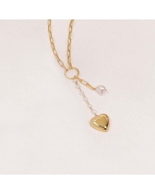 Lila Rasa Metallic Paperclip Pearl & Heart Drop Necklace