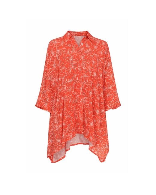 Conquista Red Floral Print Shirt With Asymmetric Hem