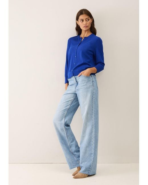 Loop Cashmere Blue Three Quarter Sleeve Crew Neck Cardigan