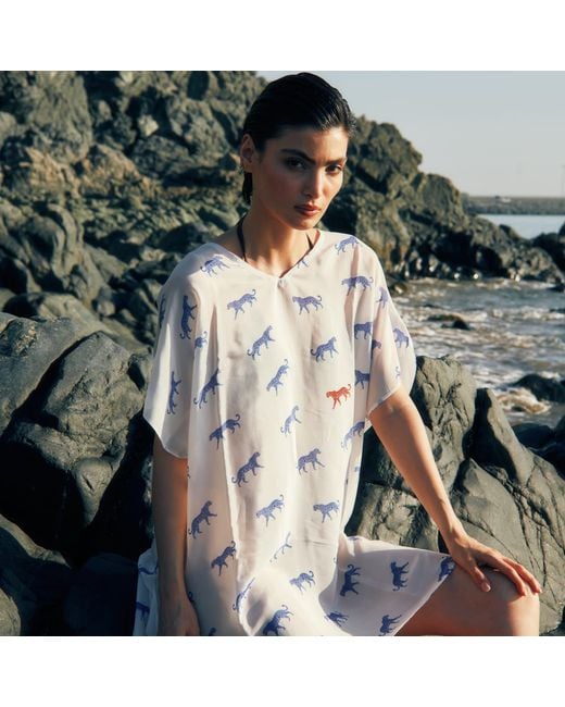 DHARA SHETH DUBAI Blue Leopard Luxe Sheer Short Kaftan Dress