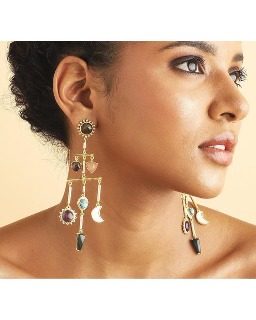 Lila Rasa Metallic Multi Stone Balance Drop Earrings With 7Semi Precious Gemstone