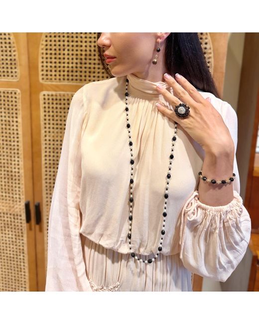 Farra Black Romantic Style Oval Obsidian With Freshwater Pearl Long Necklace