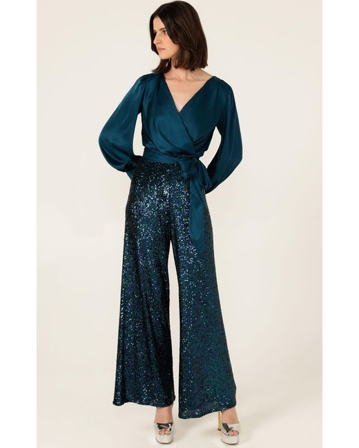 SACHA DRAKE Blue Satin Faux Wrap Top