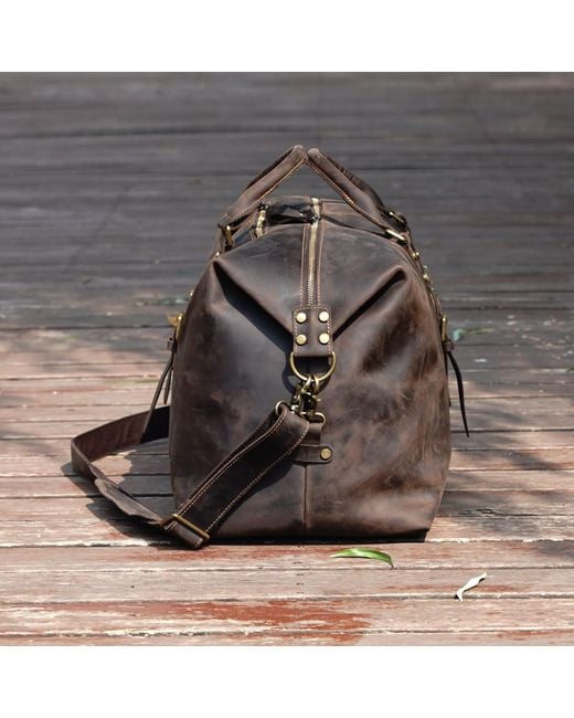 Touri Brown Zip Detail Genuine Leather Holdall Weekender for men