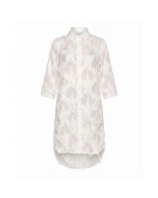 Cy Boutique White Textured Feather Detail Oversized Shirt Dress