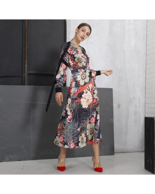 Smart and Joy Red Wrap Dress With Flower Print And Satin Bias