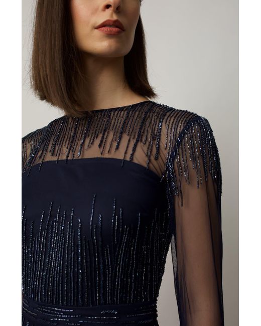 Raishma Blue Laurel Featuring Sheer Long Sleeves & Delicate Vertical Lines Of Embroidery