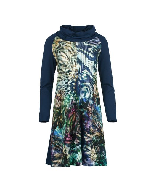 Conquista Blue A Line Turtle Neck Dress In Print & Solid Colour Stretch Jersey Fabric