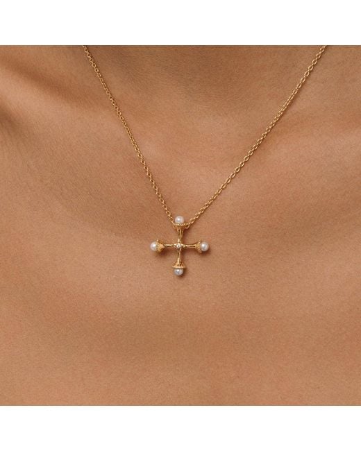Lulu B London Metallic Small Pearl Cross Necklace With Cubic Zirconia