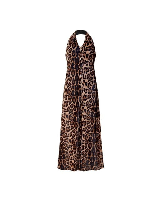 Sour Figs Brown Neutrals Button-Front Halterneck Leopard Velvet Maxi Dress
