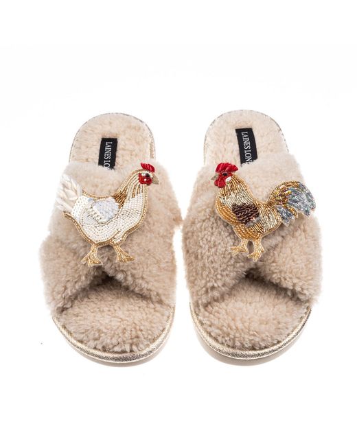 Laines London Brown Neutrals Laines Neutral Boucle Slippers With Chicken & Rooster Brooches