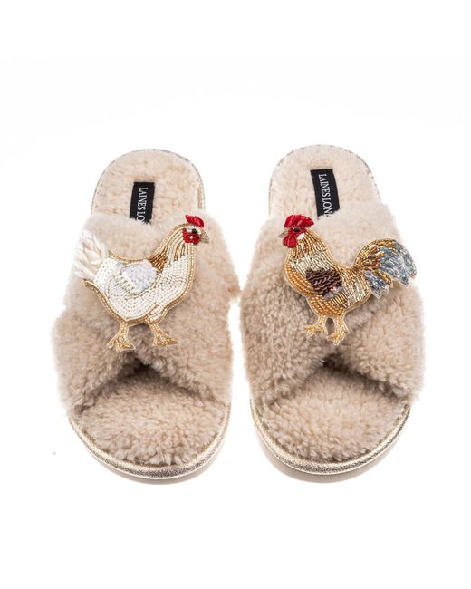 Laines London Brown Neutrals Laines Neutral Boucle Slippers With Chicken & Rooster Brooches