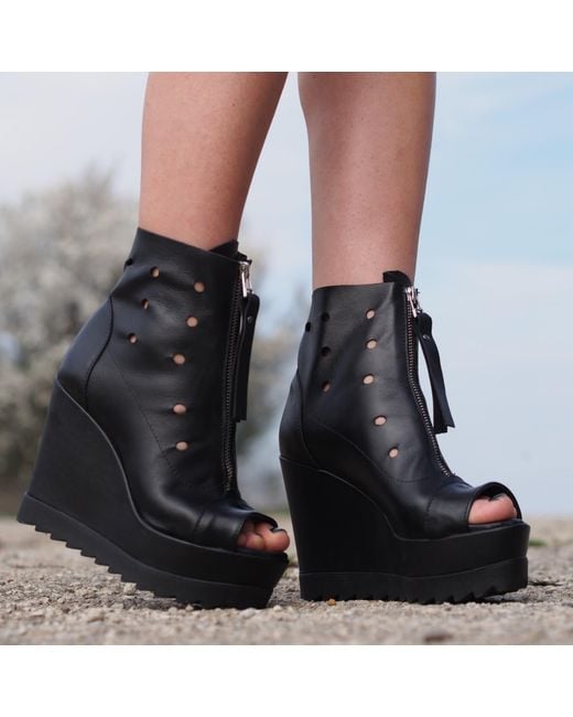 Adrenaline Fashion Black Summer Leather Wedge Boots – Handmade Genuine Leather Open Toe Ankle Boots With Front Zipper