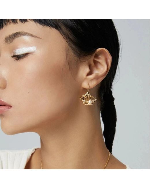 Angel Barocco Metallic Ginkgo Leaf Pearl Earrings