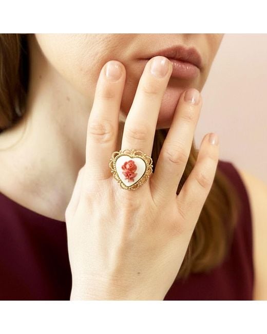 Vintouch Italy Red Blossom Heart Cameo Ring