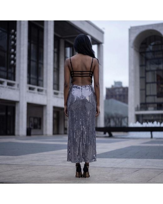 Modenaire Purple Sequin Maxi Dress With Lace Bustier Top And Strappy Open Back Detail