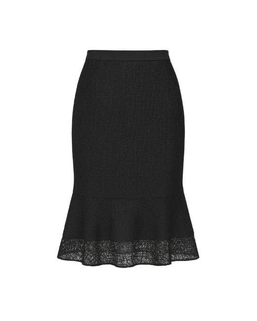 Conquista Black Textured Pencil Skirt With Lace Flounce Hem