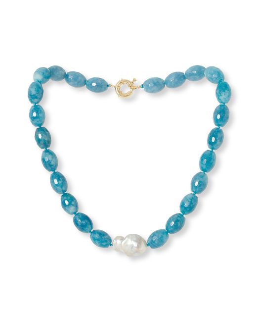 Pearls of the Orient Online Blue Clara Chunky Faceted Aquamarine Necklace With Central Cultured Freshwater Pearl