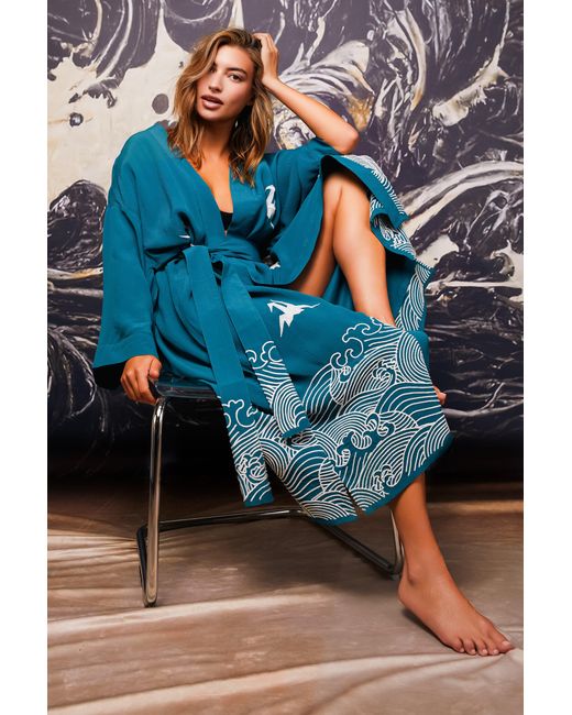 Artemis Muse Blue Origami & Hokusai Wave Embroidered Fully Lined Deep Long Kimono