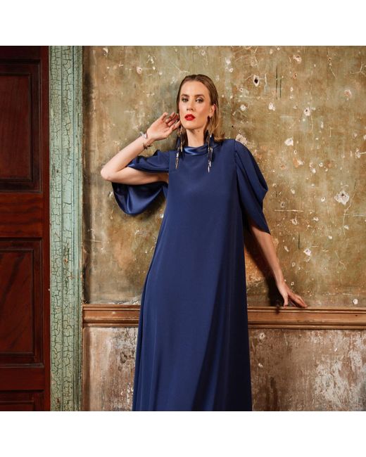 Monessa Joan Blue Full Length Trapeze Dress With Detachable Sleeves