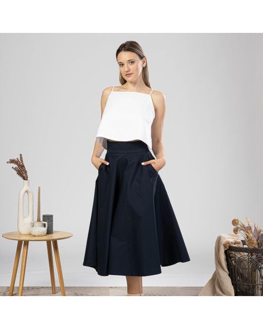 Nikka Place Blue Cotton Midi Flared Skirt With High Waist And Pockets
