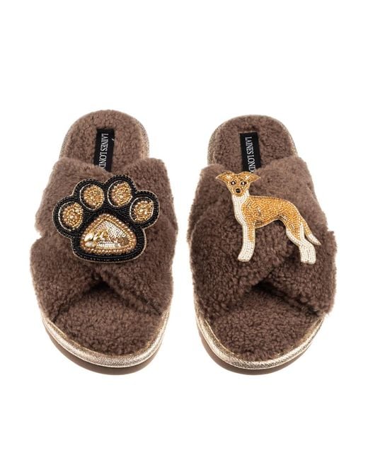 Laines London Brown Neutrals Boucle Slippers With Paw & Fawn & Italian Greyhound Brooches