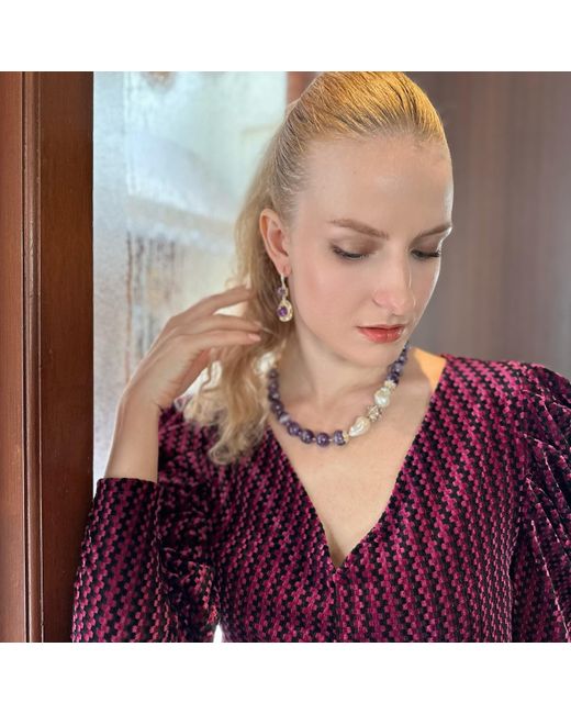 Farra Blue Amethyst With Baroque Pearls Statement Necklace