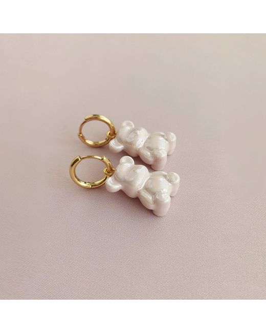 POPORCELAIN Pink Sweet Porcelain Teddy Bear Earrings, Tone